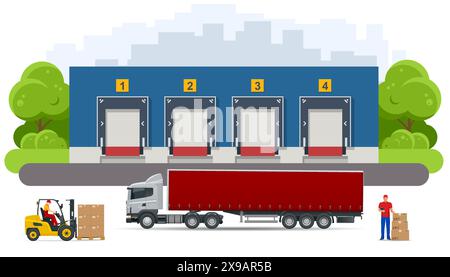 Large modern warehouse with truck. Logistics, Warehouse, Freight, Cargo Transportation. Storage of goods. Forklift truck with boxes on pallet. Busy Stock Vector
