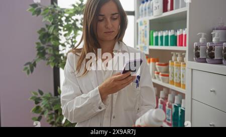 Young woman in a pharmacy taking a photo of a pill bottle with her mobile phone, surrounded by various healthcare products on shelves. Stock Photo