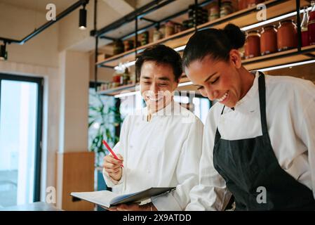 Male and female chef laughing while taking inventory in commercial kitchen Stock Photo