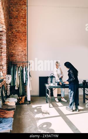 Female customer paying via credit card at checkout in clothing store Stock Photo