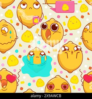 Seamless pattern with emotional lemons. Comic elements in cartoon style. Citrus characters with funny faces in kawaii style. Flat design. Stock Vector