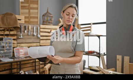 A focused woman in a woodworking workshop reads plans amidst tools and wood. Stock Photo