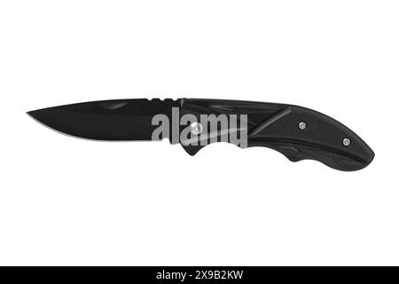Black folding knife unfolded isolated on white background Stock Photo