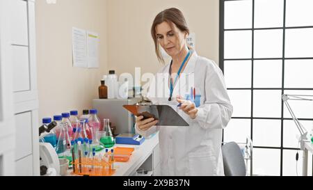 Mature woman scientist analyzing clipboard in laboratory with equipment and window backdrop Stock Photo