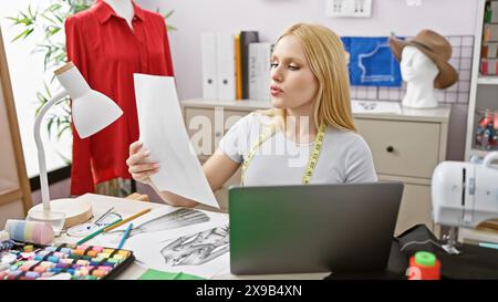 Blonde woman examines clothing design in tailor shop with sewing equipment and mannequin. Stock Photo