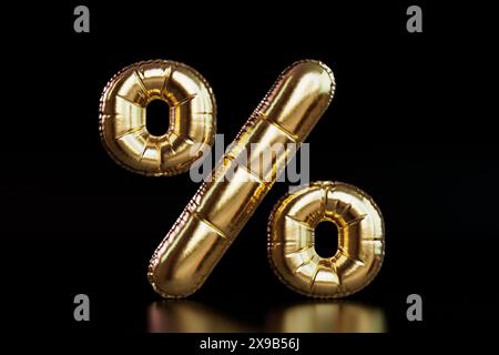 Golden Sale or Discount Balloon Percent Sign on a Black Background. 3d Rendering Stock Photo