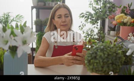 Middle-aged woman texting on smartphone surrounded by plants in a flower shop interior. Stock Photo
