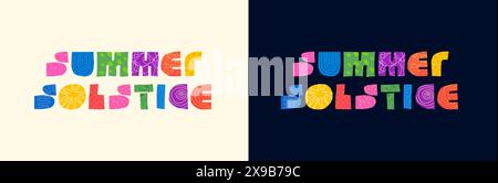Summer solstice party abstract decorative inscription concept. Modern colorful graphic shapes letters for midsummer event. Summertime sun equinox trendy creative logo. Sunny bright typography badge Stock Vector