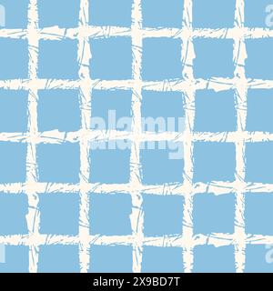 Vector hand drawn crayon checkered pattern. cottagecore Doodle Plaid geometrical blue white brush texture. Crossing lines. Abstract cute delicate patt Stock Vector