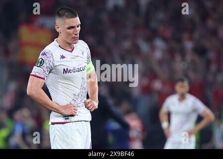 Nikola Milenkovic of ACF Fiorentina  dejection at the end of the 2023/2024 Conference League Final football match between Olympiacos FC and ACF Fiorentina at AEK Arena stadium in Athens (Greece), May 29th, 2024. Stock Photo