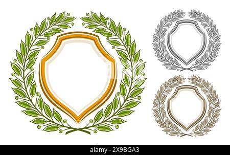 Vector Laurel Wreath Set, collection of 3 isolated illustrations decorative old crests with circle laurel wreath with copy space, group of various med Stock Vector