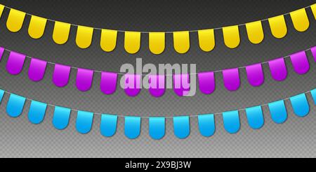 Colorful bunting flags, carnival party flags, festive pennants hanging on a rope. Stock Vector