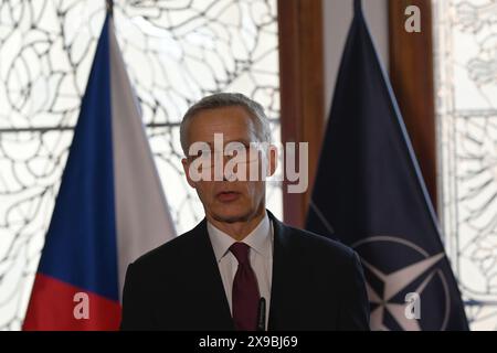 Prague, Czech Republic. 30th May, 2024. NATO Secretary General Jens Stoltenberg seen during a press conference. NATO Secretary General Jens Stoltenberg visits Prague before the beginning of the Informal meeting of NATO Ministers of Foreign Affairs meeting with Czech Prime Minister Petr Fiala. Jens Stoltenberg and Petr Fiala also discussed the Czech ammunition initiative, situation in Ukraine and Czech cooperation in NATO. (Photo by Tomas Tkacik/SOPA Images/Sipa USA) Credit: Sipa USA/Alamy Live News Stock Photo