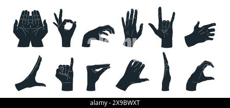 Hand gesture silhouettes set 1. Set of different hand gestures. Okay sign, rock horns, heart, holding hands. Vector illustration Stock Vector