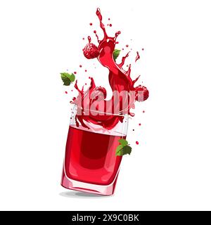 Splashes of red freshly and healthy raspberries juice with fruit slices and green leaves. Vector clipart in flat style with berry drink isolated on wh Stock Vector