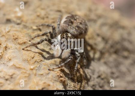 Female jumping spider hunting on a sunny wall in Spain. Stock Photo