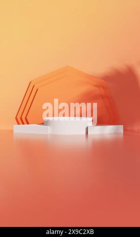 Stylish display setup featuring white pedestals against a vibrant orange background with geometric hexagonal shapes and natural palm shadows. Perfect Stock Photo