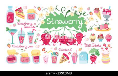 Cute characters strawberry flat. Set of ice cream, cake and jam with wild berry. Strawberry sweets on a white background. Cute summer stickers with le Stock Vector