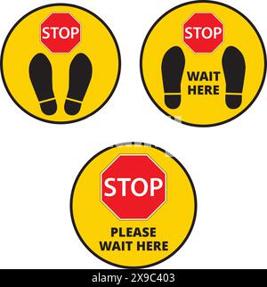 Round yellow and red wait here signs on a white background Stock Vector