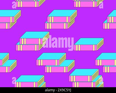 Stack of books seamless pattern in 80s style, pink and blue. Books with black outline in isometric style, learning and education. Colorful books. Desi Stock Vector