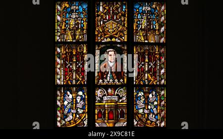 Portrait of Johann Sebastian Bach, stained glass window, St Thomas' Church, Leipzig, Saxony, Germany Stock Photo