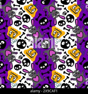 Halloween monsters seamless bunnies and pumpkins and skulls pattern for wrapping paper and fabrics and linens and kids clothes print and autumn party Stock Photo