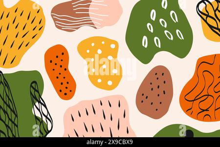 Simple abstract design with naive hand drawn shapes, figures scribble. Colorful fun background in boho style Stock Vector
