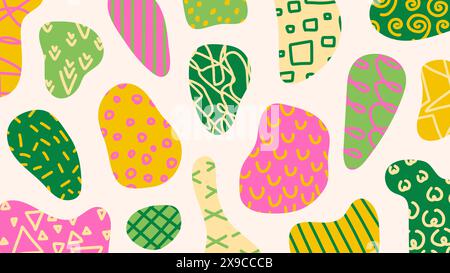 Fun abstract design with colorful shapes, hand drawn doodles and scribbles. Trendy college in retro 70s-80s style. Stock Vector