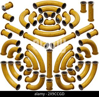 3d render illustration of a set of pipes. Game asset pack. Many ...