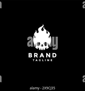 White Skull in Flames Logo Design. Fiery Skull in Black and White Logo Design. Stock Vector