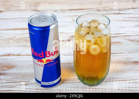 Istanbul Turkey 28 July 2023 ; A picture of cold Red Bull Energy Drink with cold ice insight. 'Red Bull has the highest market share of any energy dri Stock Photo