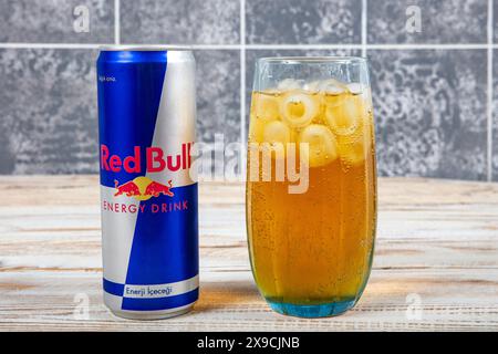 Istanbul Turkey 28 July 2023 ; A picture of cold Red Bull Energy Drink with cold ice insight. 'Red Bull has the highest market share of any energy dri Stock Photo