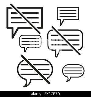 Silenced communication icons. Prohibited message symbols. No chat allowed signs. Restricted conversation emblems. Vector illustration. EPS 10. Stock Vector