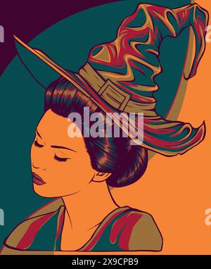 vector illustration of beautiful witch in a classic hat Stock Vector