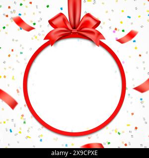 A vibrant red ribbon tied in a bow forms a circular frame with colorful confetti scattered on a white background, symbolizing celebration. Round shape gift frame vector greeting card. Stock Vector