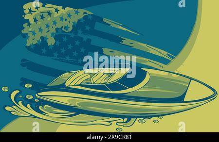 illustration of speedboat sea waves with american flag Stock Vector ...