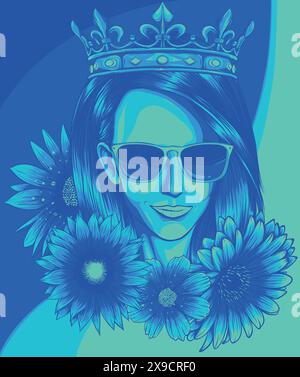 Beautiful girl in the crown and sunglasses. Vector illustration Stock Vector