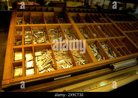 Vintage metal letterpress type stored in a traditional wooden type case. High quality photo Stock Photo