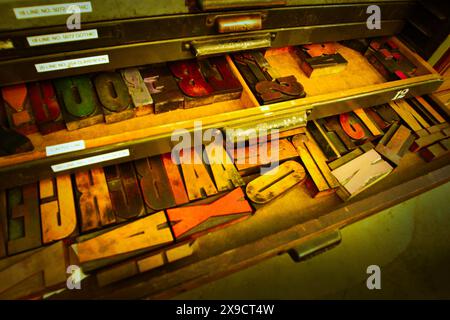 Vintage wood letterpress type stored in a traditional wooden type case. High quality photo Stock Photo