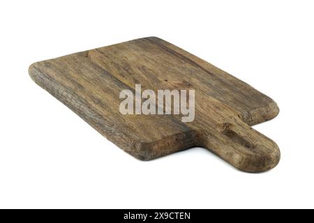 Wooden cutting board with a handle, made from old, thick wood, and bears a rustic, vintage appearance characterized by cracks, scratches, isolated on Stock Photo