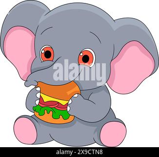 illustration of a cute cartoon animal doodle emblem, a fat elephant is sitting eating a burger, creative drawing Stock Vector