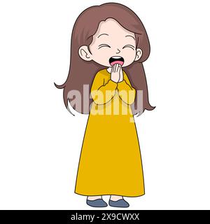 Cartoon doodle image of Muslim people celebrating Eid Mubarak, woman with a smiling expression welcoming you Stock Vector