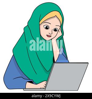 Cartoon doodle of business activities from home, Muslim woman sitting working using a laptop Stock Vector