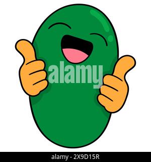 Cute cartoon character doodle, Delicious green beans full of vitamins are showing thumbs up Stock Vector