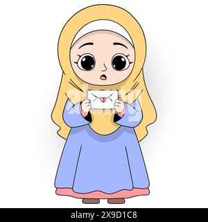 Muslim cartoon doodle, beautiful woman wearing a hijab holding a love letter Stock Vector