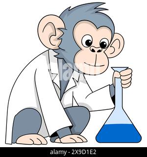 cartoon doodle of animals and science, monkey holding a test tube doing scientific research Stock Vector