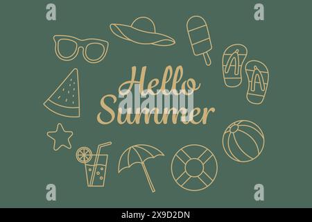 Outline design Hello summer green background with various summer items Stock Vector