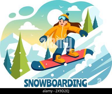 Snowboarding Vector Illustration Featuring People Sliding and Jumping on a Snowy Mountain Slope During Winter, Flat Style Cartoon Background Stock Vector