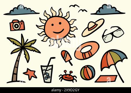 Beach and summer theme hand drawn collection. cartoon beach scene with smiling sun, palm tree, camera, hat, ball, glasses, crab and umbrella Stock Vector