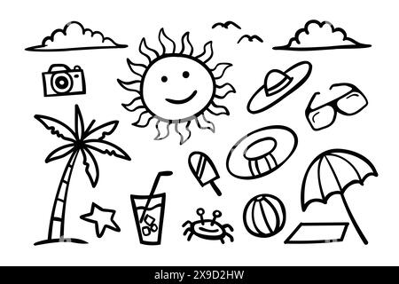 Hand drawn beach and summer theme with smiling sun, camera, palm tree, hat, ball, cup and umbrella Stock Vector